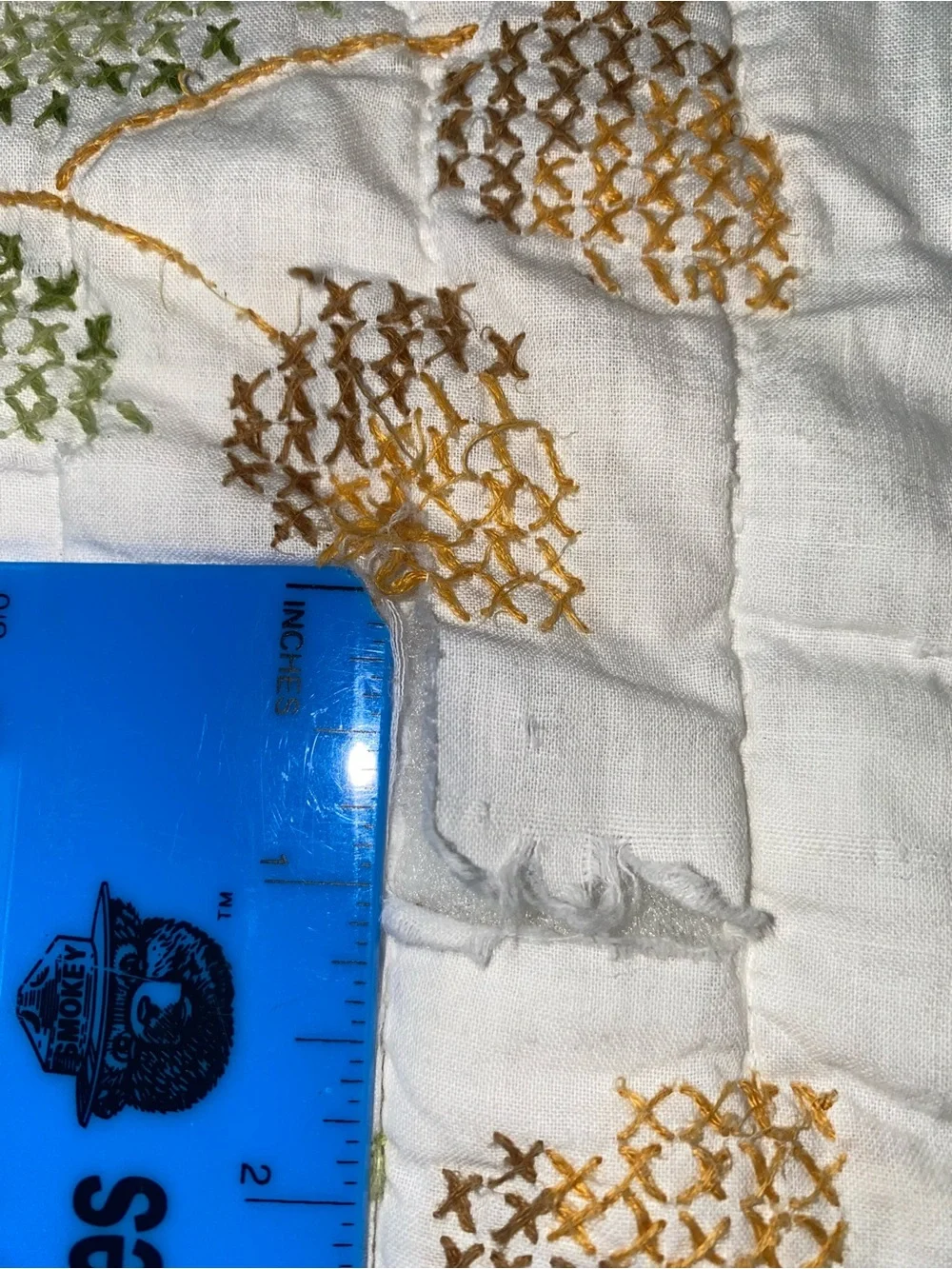 Hand-Quilted Floral Vine Quilt in Cream and Green Vintage 1960s